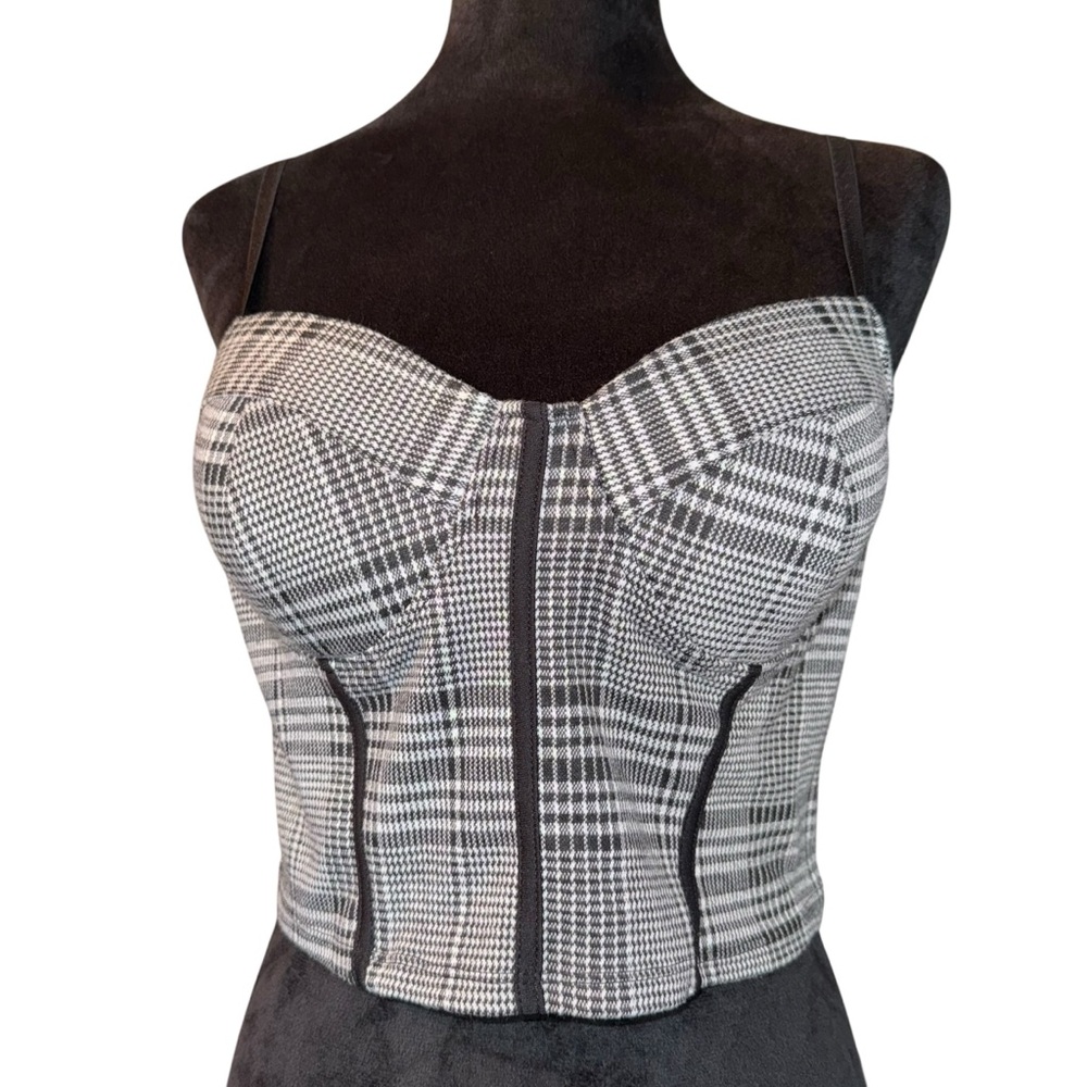 Haute Monde Bustier Top  Black White Plaid Pattern Cropped Strappy Retro 90’s